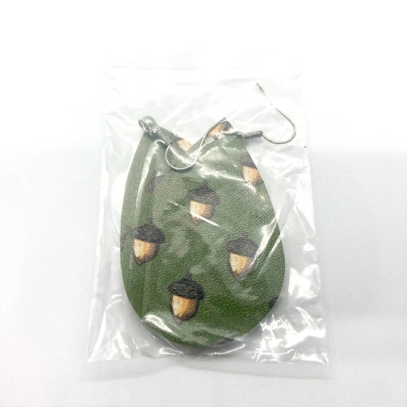 Faux Leather Teardrop Acorn Print Earrings - Picture 4 of 4